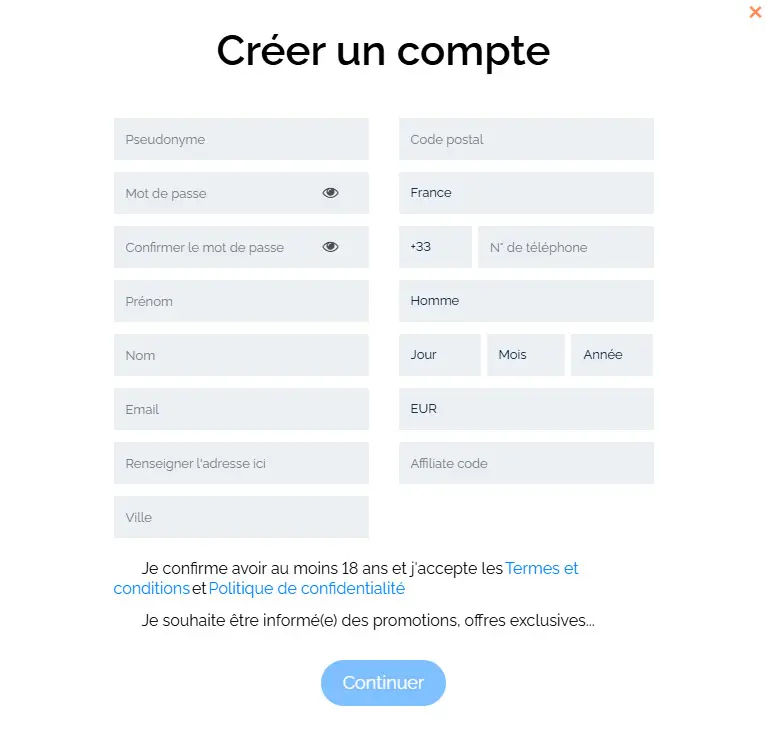 Processus d'inscription PLAYFINA CASINO